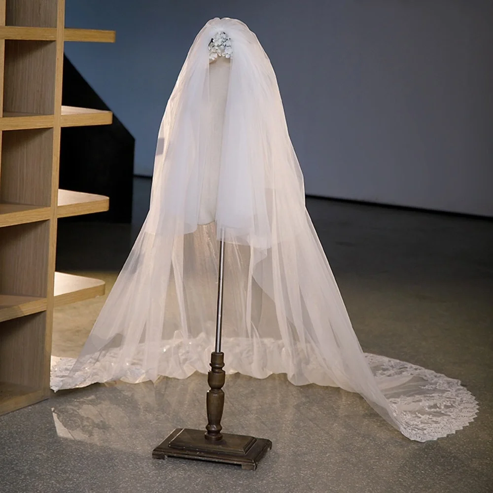Long White Bridal Veil with Lace Trim
